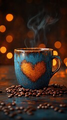 Steaming heart-shaped coffee cup cozy room beverage photography warm atmosphere close-up love concept