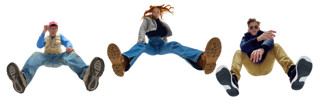 Three stylish people dressed in bold, colorful casual clothing pose energetically against white background. Bottom view. Concept of fashion, youth culture, lifestyle, casual wear. Collage. Banner