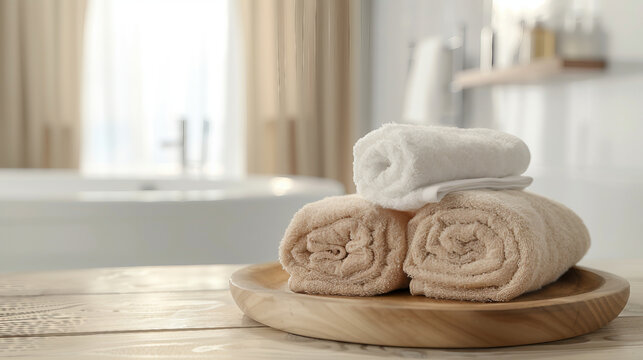 Discover a cozy bathroom with soft, clean towels placed on a wooden plate with a blurred background, creating a relaxing spa-like atmosphere perfect for home decoration and comfort.