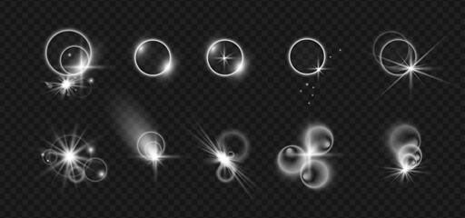 Shimmering or twinkles, isolated set of realistic camera lens flare effects. Vector bright beams with circles and trails, sunshine rays, glowing spotlight. Bright decoration for typography