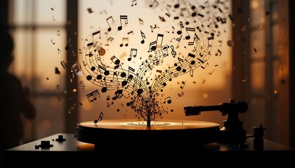 Silhouette of a record player spinning with music notes in the air