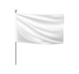 Blank white flag on pole, isolated mockup banner with copy space. Vector realistic cloth or fabric for advertisement or announcement. Waving wind flow effect, symbol of surrender and peace © Sensvector