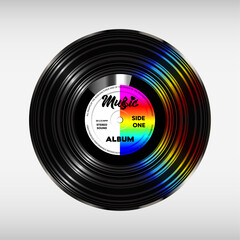 Vinyl record with rainbow half paper label in the middle. Vector isolated on white background.