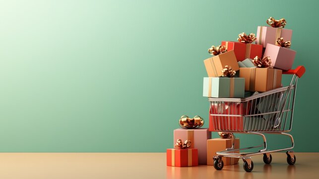 Festive gift box extravaganza shopping cart display colorful arrangement modern retail environment aesthetic viewpoint for holiday cheer