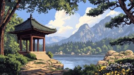 Obraz premium Serene Japanese pagoda overlooking a lake, architectural beauty meets calm natural surroundings