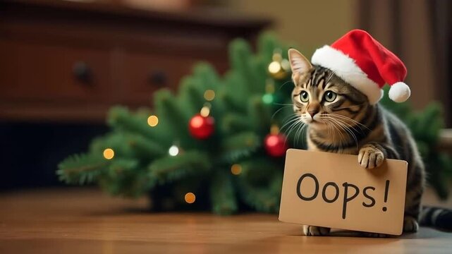 Cat sitting near a fallen Christmas tree, humorously holding an 'oops' sign