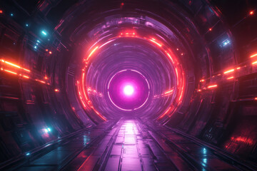 Fototapeta premium Neon-lit futuristic tunnel with glowing portal.