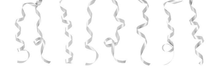 Silver ribbon satin curly scroll png bow set isolated on transparent background  for Christmas, brithday and wedding card confetti design decoration