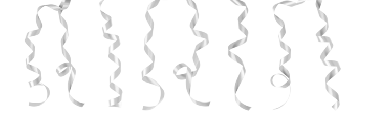 Silver ribbon satin curly scroll png bow set isolated on transparent background  for Christmas, brithday and wedding card confetti design decoration