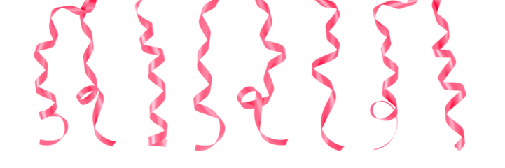 Pink ribbon satin bow curly scroll png set isolated on transparent background for Valentine day, birthday and wedding anniversary card confetti design decoration