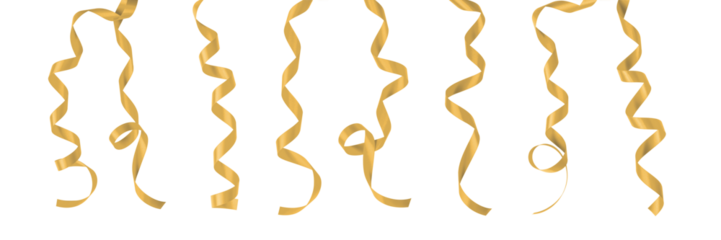 Gold ribbon satin bow curly scroll png set isolated on transparent background for Christmas, birthday and wedding card confetti design decoration