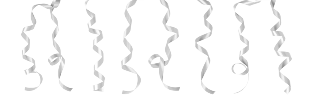 Silver ribbon satin curly scroll png bow set isolated on transparent background  for Christmas, brithday and wedding card confetti design decoration