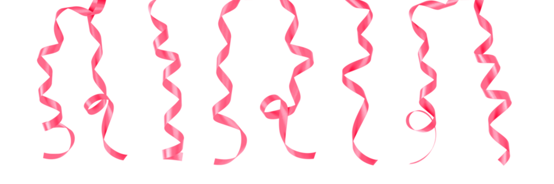 Pink ribbon satin bow curly scroll png set isolated on transparent background for Valentine day, birthday and wedding anniversary card confetti design decoration