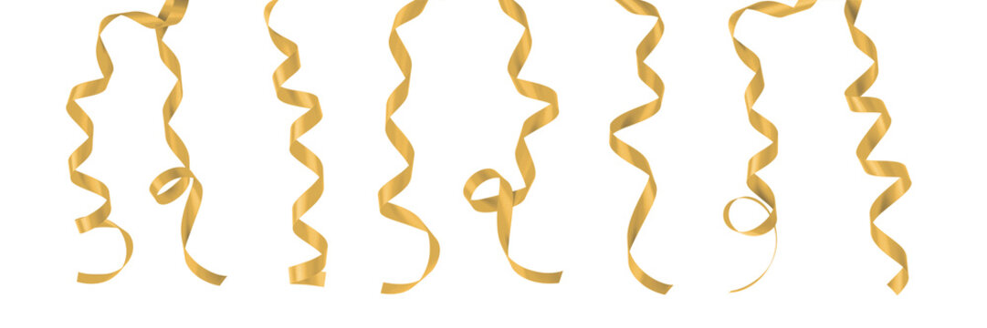 Gold ribbon satin bow curly scroll png set isolated on transparent background for Christmas, birthday and wedding card confetti design decoration