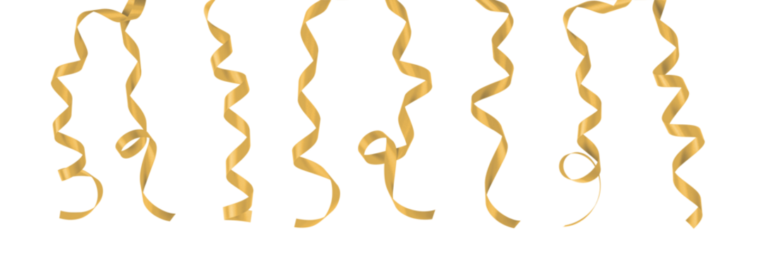 Gold ribbon satin bow curly scroll png set isolated on transparent background for Christmas, birthday and wedding card confetti design decoration