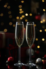 Delicious champagne in glasses and baubles on black mirror surface against blurred lights. Christmas celebration