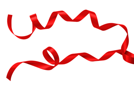 Red satin bow ribbon scroll png isolated on transparent background for Christmas holiday and wedding anniversary card confetti design decoration