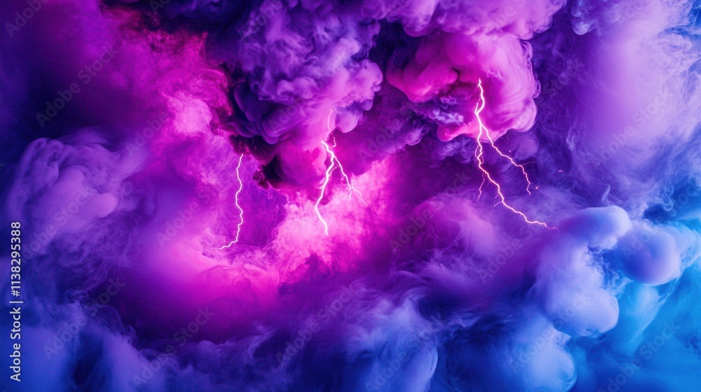 Wall mural swirling clouds of vivid purple smoke merge with flashes of lightning, creating a surreal tilted com