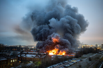 Orange toxic smoke from flames or fires of warehouses and industrial building. Burning house or...