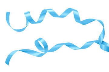 Light blue satin ribbon png isolated on transparent background, bow color curly scroll set for holiday, birthday, wedding card confetti design decoration