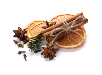 Different aromatic spices isolated on white. Christmas season