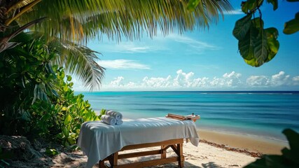 A tropical beach massage setup under a palm tree, with a picture