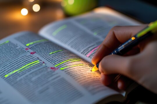 A person highlights text in a book using a highlighter pen at night, illuminated by soft lights.
