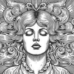 serene woman with closed eyes and flowing, intricate hair, evoking grace and tranquility sketch engraving generative ai raster illustration. Scratch board imitation. Black and white image.