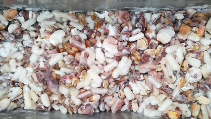 Frozen seafood cocktail in a market fridge