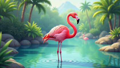 Fototapeta premium Elegant pink flamingo standing gracefully in tropical lagoon surrounded by greenery