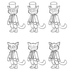 Cat cylinder hat drawing line art cartoon character children coloring book outline simple contour cat with monocle Black tie smoking jacket rich aristocrat sketch illustration set graphic collection 