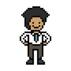 Obraz premium Cartoon cute pixel cartoon 8bit character business man businessman smart work game for decoration business 8 bit male career smart character office work game png vector.