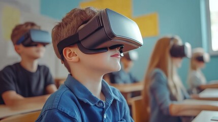Schoolboy wearing VR explore robotics and modern technology in an elementary school classroom