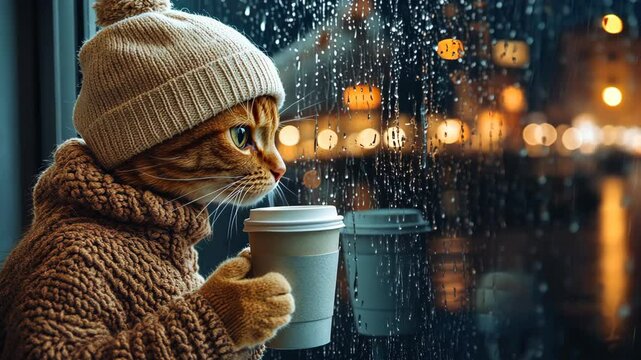 Red cat holding a cup of coffee with winter hat enjoying a hot beverage on a cold rainy day, looking outside a window with warm bokeh lights