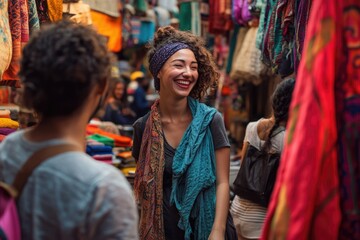 Happy woman laughs while shopping for colorful textiles in a vibrant marketplace.