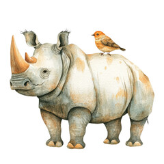 Obraz premium A charming illustration of a rhinoceros with a small bird perched on its back, set against a white isolated background.