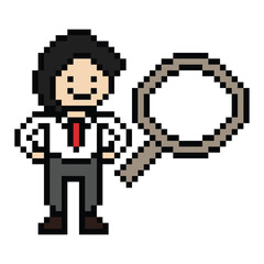 Obraz premium Cartoon cute pixel cartoon 8bit character business man businessman smart work game for decoration business 8 bit male career smart character office work game png vector.