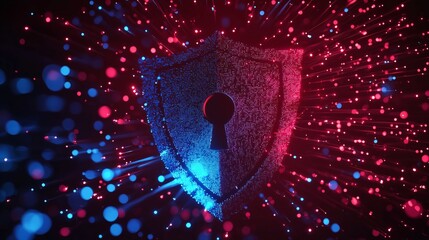 Digital shield with keyhole, surrounded by floating data nodes, symbolizing protection and encryption.