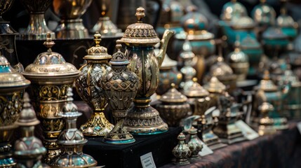 Fototapeta premium Collection of antique brass items on a display table