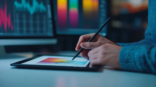 Designer Reviewing Final Digital Proofs on Tablet for Print Approval and Color Accuracy