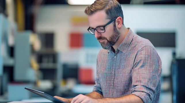 Adult Male Designer Reviewing Final Proofs on Digital Tablet Before Approving for Print