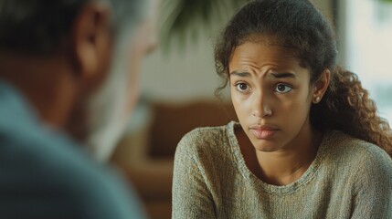 Teenage girl shares her thoughts and challenges with her father, listening to his every word and advice, during a heart-to-heart talk.