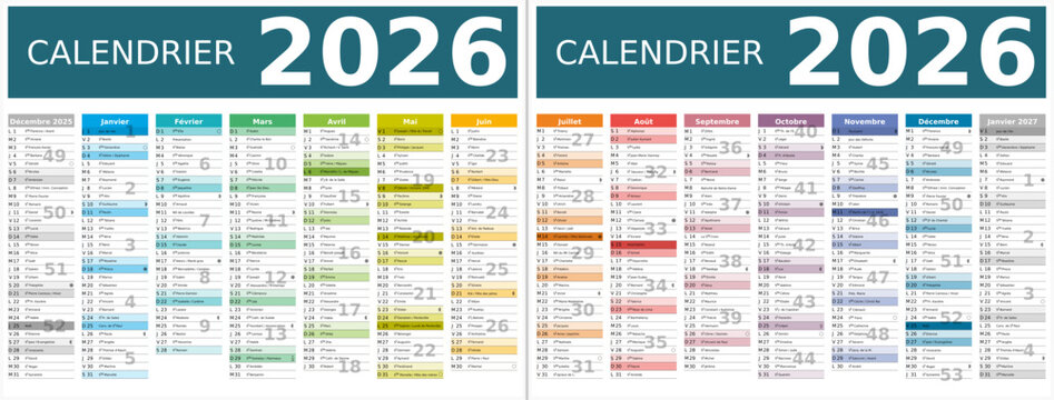 Calendrier 2026 14 mois au format 320 x 420 mm recto verso enti&egrave;rement modifiable via calques et texte sans serif	