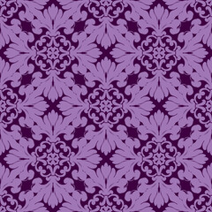 A detailed, ornamental purple damask pattern. Ideal for wallpaper, textiles, or luxury packaging.