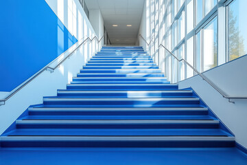 Blue staircase in modern building with bright natural light.