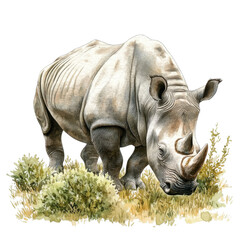 Obraz premium A detailed illustration of a rhinoceros grazing amidst natural foliage, showcasing its unique features and texture, set against a white isolated background.