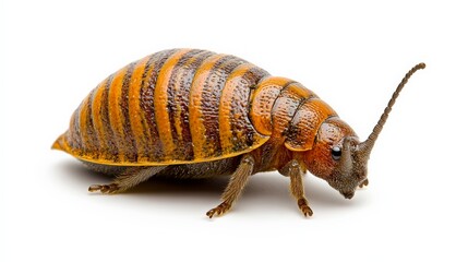 Pill Millipede Close-up: A detailed view of a pill millipede, its segmented body curled into a defensive ball, showcasing its intricate markings and unique features. 