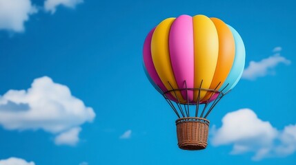 Obraz premium Colorful hot air balloon soaring against a bright blue sky filled with fluffy clouds, evoking a sense of adventure, freedom, and joy in a sunny day setting.