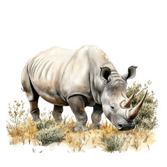 Fototapeta premium A detailed illustration of a rhinoceros standing in a grassy area, showcasing its majestic features against a white isolated background.