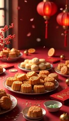 Traditional mooncakes and festive snacks on a decorative table for the Lunar New Year celebration